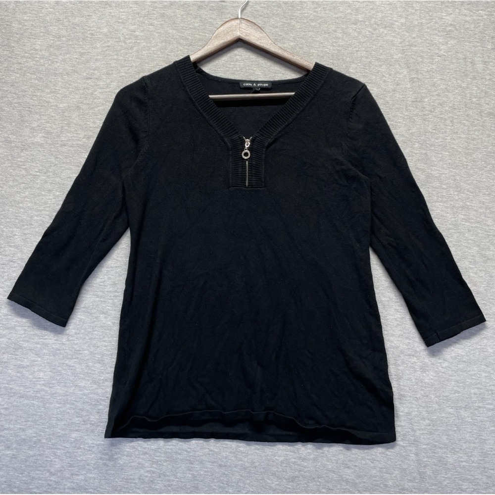 Cable & Gauge Sweater Womens Medium Black Rayon Ribbed Trim 3/4 Sleeve V Neck